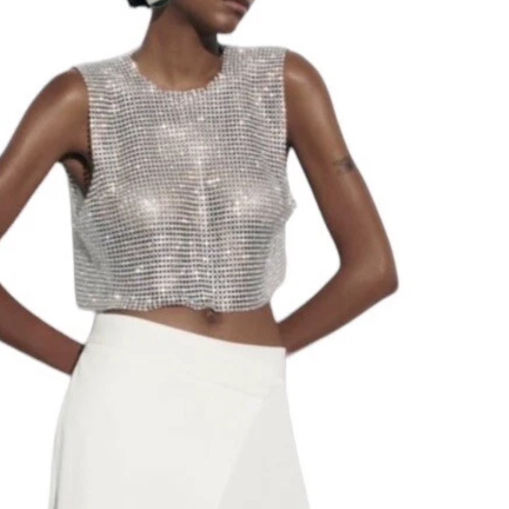 House of Harlow 1960 Silver Sequin Mesh Crop Top